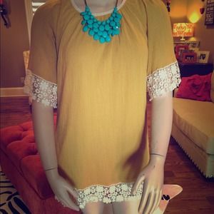 Mustard color tunic/dress. Ivory crochet edges L