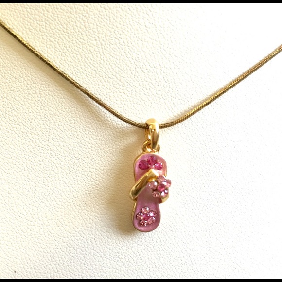NWOT Miami Flip Flop Necklace Pink Gold Swarovski