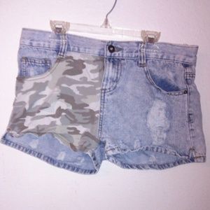 High Waisted Distressed + Camo Shorts