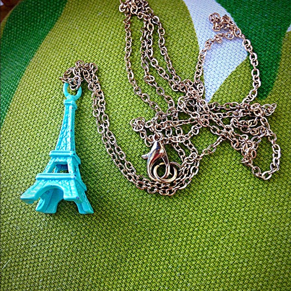 ModCloth Jewelry - Modcloth long gold chain with mint Eiffel Tower