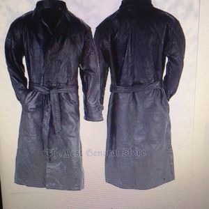 Men's black genuine leather trench coat