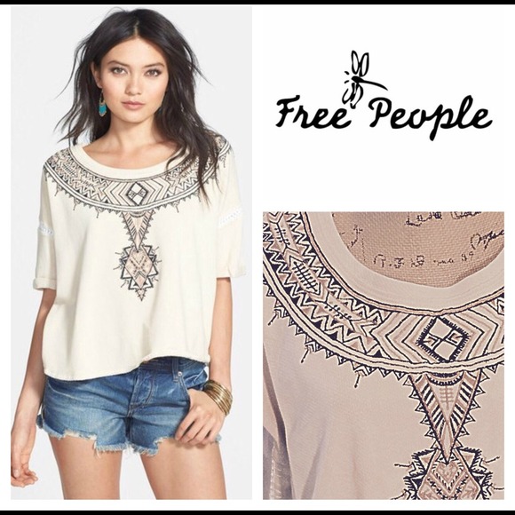 NWT Free People Cream Embroidered Top
