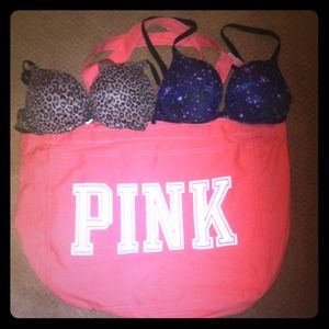 Coral tote and 2 lightly worn bras!