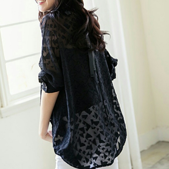 Black sheer tunic shirt with back tie - Picture 2 of 4