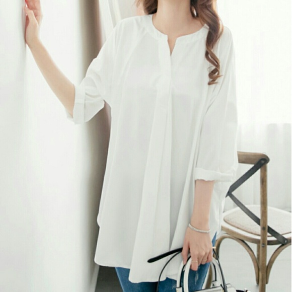 Round collar chiffon loose fit shirt in white - Picture 3 of 4