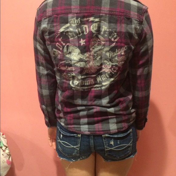 Black, purple, and gray flannel.