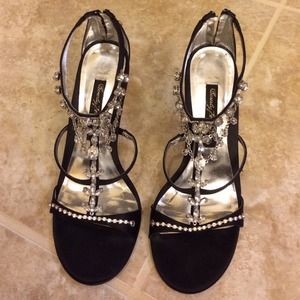 Beverly Feldman Black strap silver jeweled heels