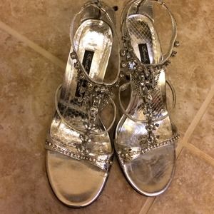 Beverly Feldman Silver strap jeweled heels.