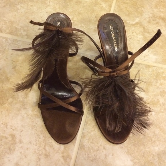 Chocolate Satin feathered strap heels. - Picture 2 of 5