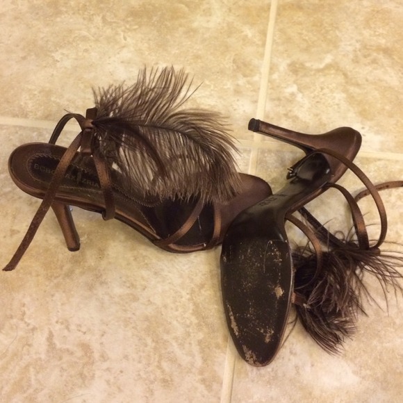Chocolate Satin feathered strap heels. - Picture 4 of 5