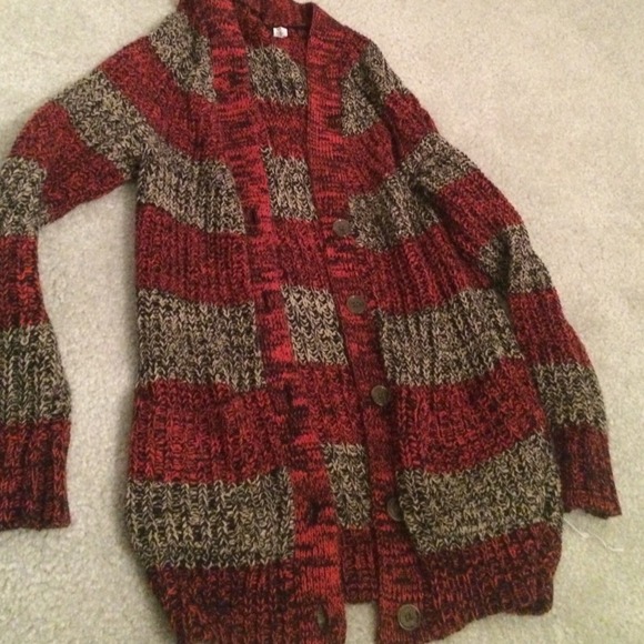 grey,black, and red striped sweater