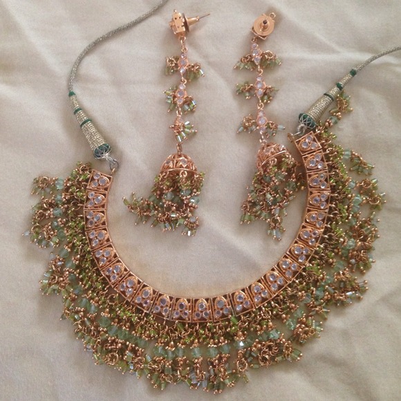 Indian costume jewelry set, gold and mint green