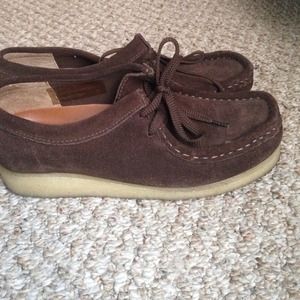 Chocolate brown; original suede Clarks; worn twice