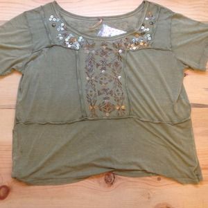 Free People Dusty Green Beaded Top