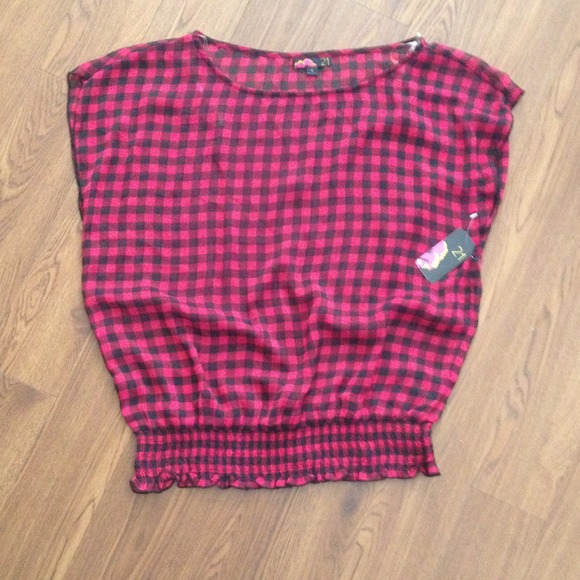 Sheer red and black checked blouse