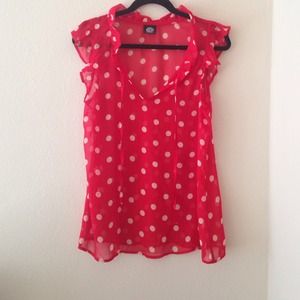 Bobeau Sheer Red Polka Dot Blouse Sz M