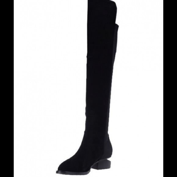 Over knee leather black boots metal cutout heel