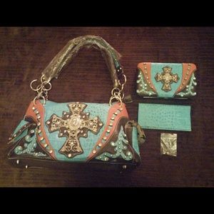NEW! Turquoise with Cross Handbag & Wallet BUNDLE