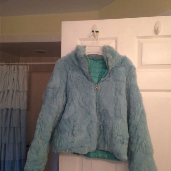 Vintage rabbit fur turquoise reversible jacket