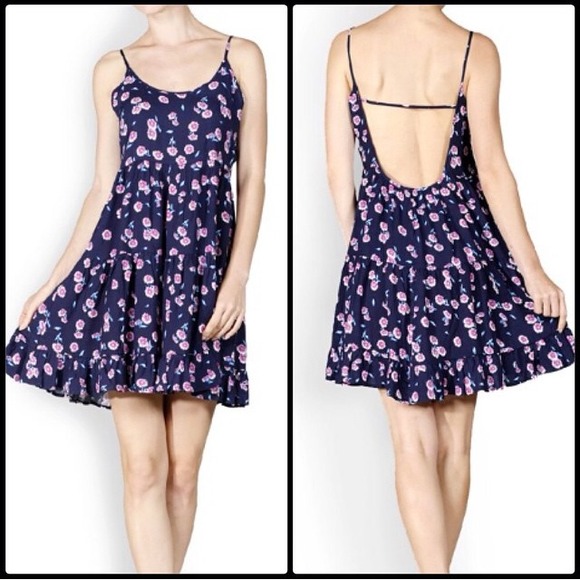 Navy Daisy Print Dress with Open Back