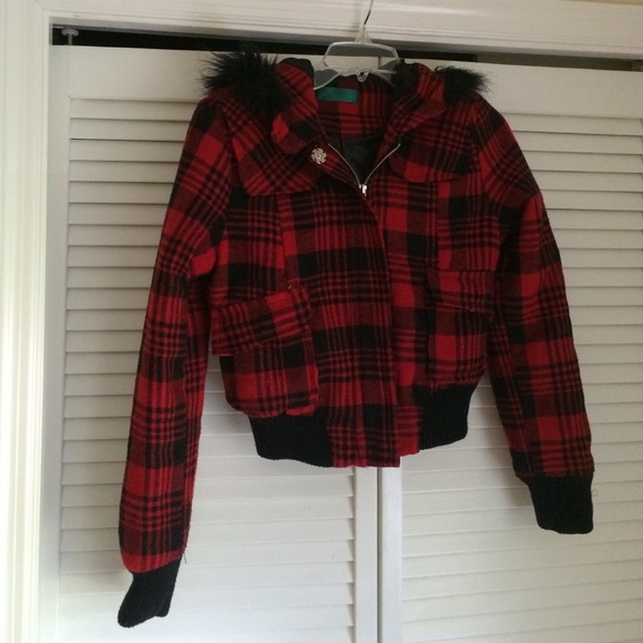Red & Black plaid fur accented jacket