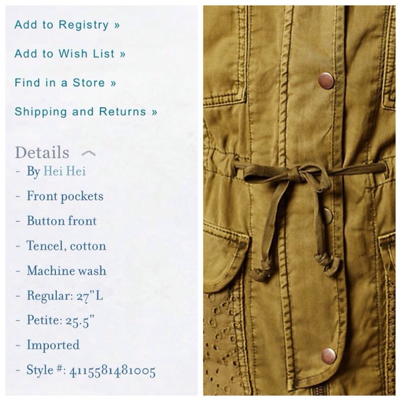 {Anthropologie} Hei Hei Military style Jacket - Picture 3 of 3