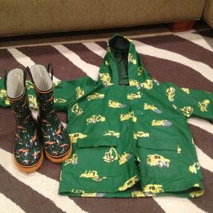 Raincoat with yellow dump trucks! And rain boots