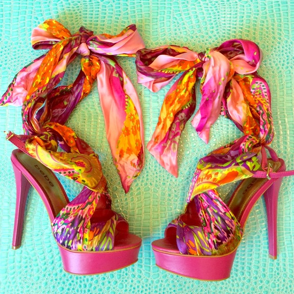 Pink Bebe stiletto heels with satin ankle tie