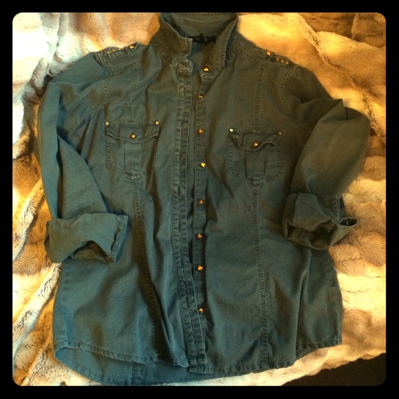 Studded Army Green Military Button Up Shirt