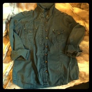 Studded Army Green Military Button Up Shirt