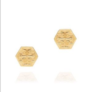 NEW AUTHENTIC Tory Burch hexagon LOGO STUD EARRING