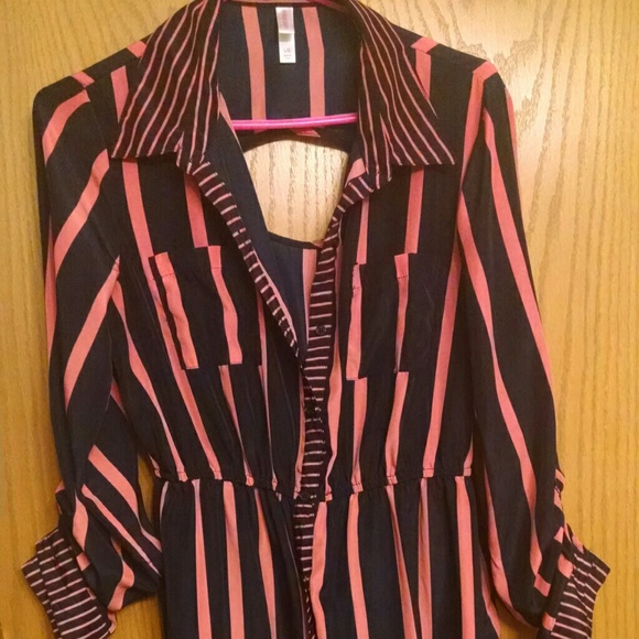 Salmon and Navy Striped High-Low Dress