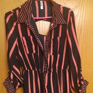 Salmon and Navy Striped High-Low Dress