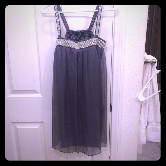 Grey chiffon dress with rhinestones.