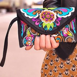 Canvas Embroidered Floral Clutch Purse Bag Wallet