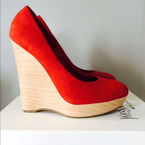 Yves Saint Laurent Maryna Wood Wedge Pump Red 39 - Picture 2 of 3