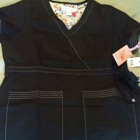 Koi Black scrub top empire waste with ties