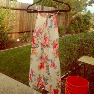 Floral Print Cream Spaghetti Strap Dress
