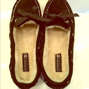 SPERRY TOP SIDER LEATHER BLACK FUR LINED RIBBON TI