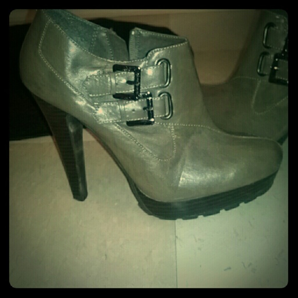 Taupe buckle platform booties