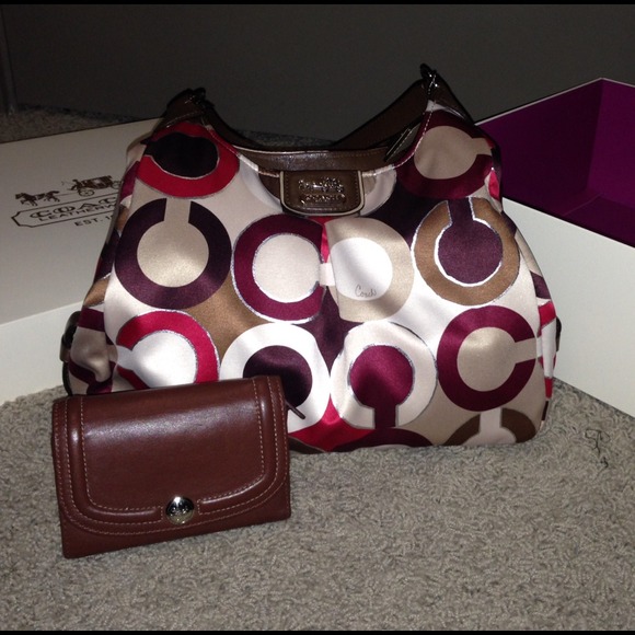 Maroon, brown and cream coach purse w/wallet
