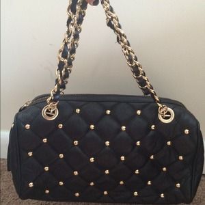 Gold studded black quilted leather satchel