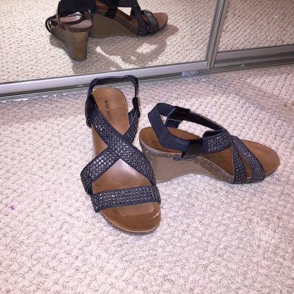 Comfortable black glistening wedge sandals shoes