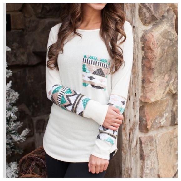Tops - Ivory Aztec sequined detail knit tunic