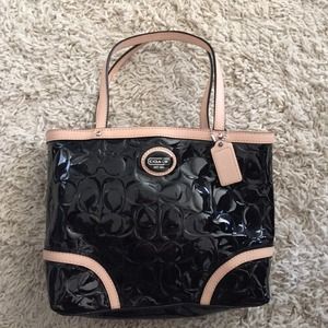 Coach Black and Tan Patent Leather Mini Purse