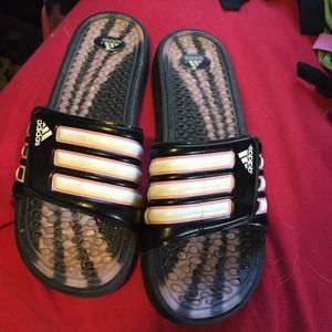 Adidas pink and white slip on sandals
