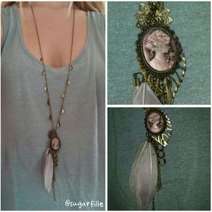 Lavender Cameo - gold brass necklace w/ feathers