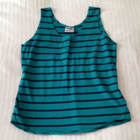 955 Brand Teal & Navy Striped Scoop Neck Curved Hem 3-Button Cotton Tank Top