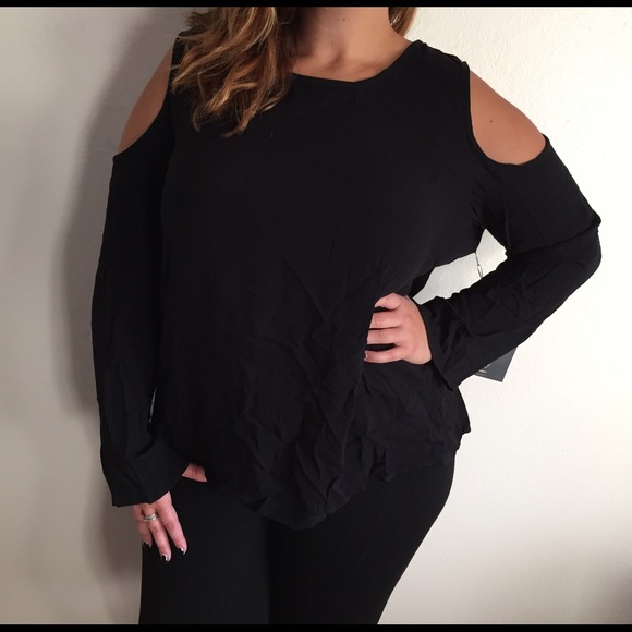 Tops - Black High Low Shoulder Cutout Top