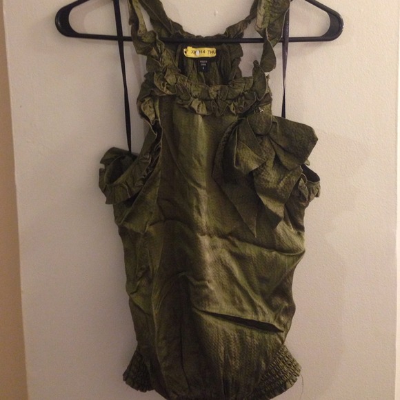 Silk army green BEBE top with bow